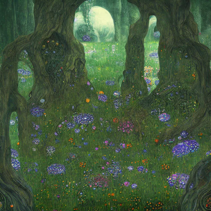 Prompt: ancient overgrown! ruins, medieval gates, runestones!, mysetrious etherial mesmerizing runic!!!, catlike, magical elven geometry, concept art by gustav klimt!, deviantart contest winner, environmental art, indigo flower meadow, fairy circles, lit by moonlight!!, high detail, intricate masterpiece