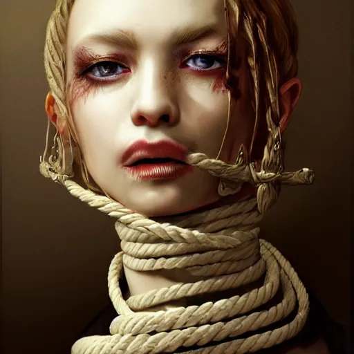 Image similar to portrait of a Shibari rope wrapped face and neck, headshot, insanely nice professional hair style, dramatic hair color, digital painting, of a old 13th century, traveler, amber jewels, baroque, ornate clothing, scifi, realistic, hyper detailed, chiaroscuro, concept art, art by Franz Hals and Jon Foster and Ayami Kojima and Amano and Karol Bak,