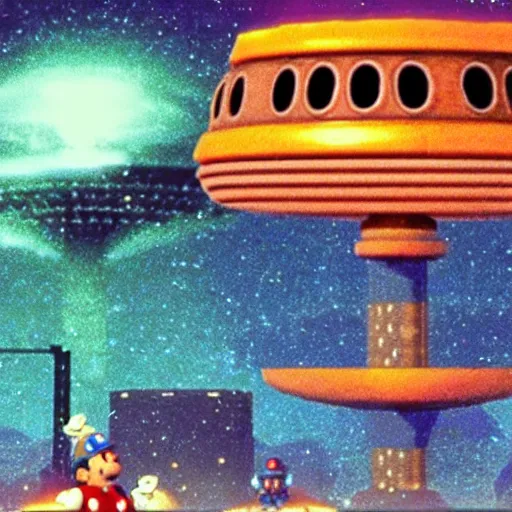 Image similar to a still of close encounters of the third kind, 1 9 9 6 super mario 6 4 graphics nintendo 6 4 visuals aesthetic