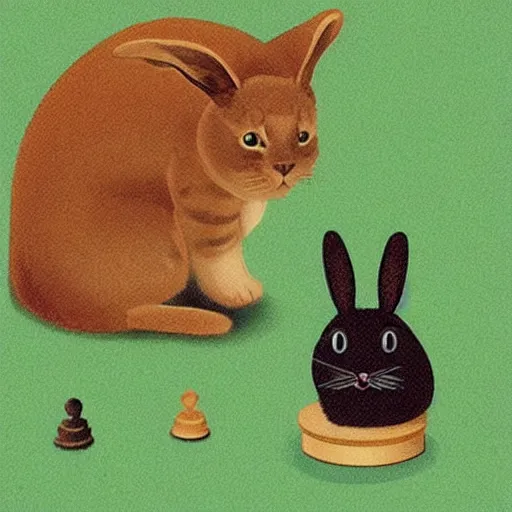 Prompt: A cat playing chess with a bunny rabbit. Symmetrical.