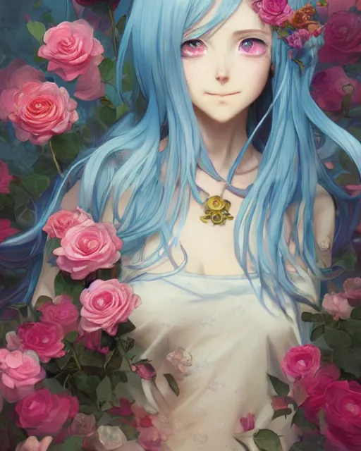 Prompt: blue eyed pink haired anime girl, roses everywhere, highly detailed, digital painting, artstation, concept art, smooth, sharp focus, illustration, art by artgerm and greg rutkowski and alphonse mucha