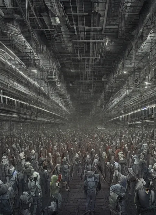 Prompt: a long queue of people standing in a huge underground dystopian factory , hyperdetailed, artstation, cgsociety, 8k