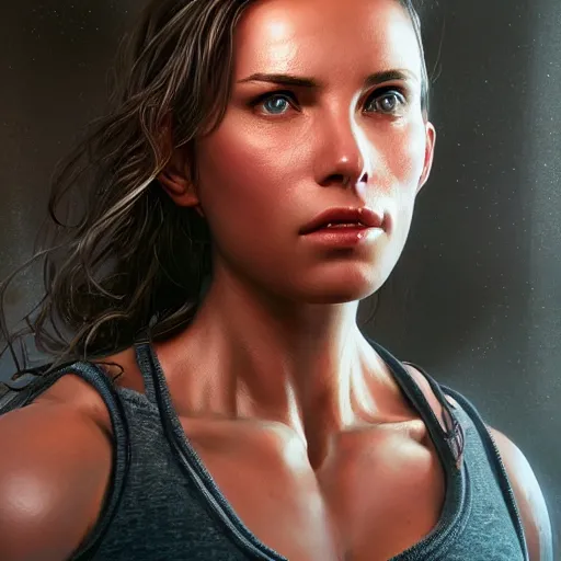 Prompt: a very beautiful woman with muscles, digital art, photorealistic, unreal engine, 8 k resolution, artstation, beautiful face, pretty face, very detailed eyes, by wlop, greg rutkowski, simon bosley