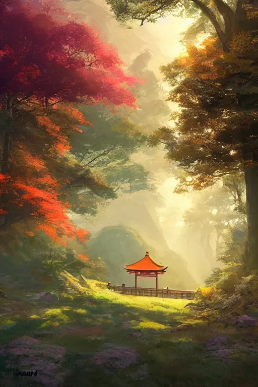 Image similar to traditional elegant delicate Japanese Torii in a colorful magic moutain with trees ,morning , sunshine ,by Grzegorz Rutkowski, concept art