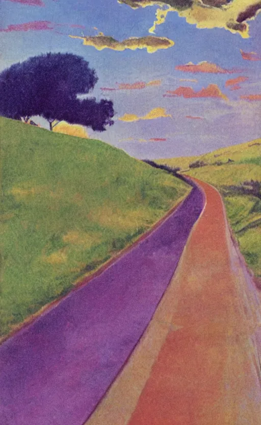 Prompt: paperback book cover. 1 9 6 0 s. pure colors, melting clouds, accurately drawn details, a sunburst above a receding road with the light reflected in furrows and ruts, after rain. and no girls.