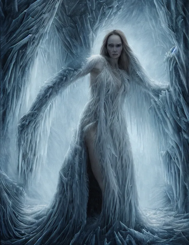 Image similar to epic professional digital art of the ice queen, atmospheric lighting, painted, complex, detailed, sinister background, leesha hannigan, wayne haag, reina rocin, ignacio fernandez rios, mark ryden, iris van herpen, epic, stunning, magnificent, very wow, cinematic, masterpiece, complex, with a clear focus, on trend on artstation