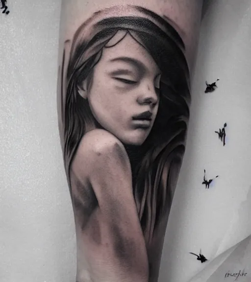 Prompt: a beautiful girl faded in a mountain scenery, realism tattoo, in the style of den yakovlev, black and white, hyper realistic, highly detailed