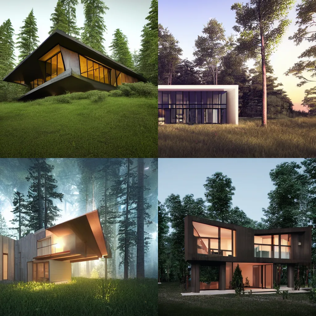 Image similar to a house in the middle of the forest, lights inside, contemporary architecture, architecture render, unreal engine, detailed