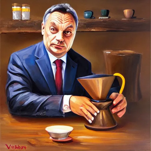 Image similar to viktor orban making v 6 0 coffee, oil painting
