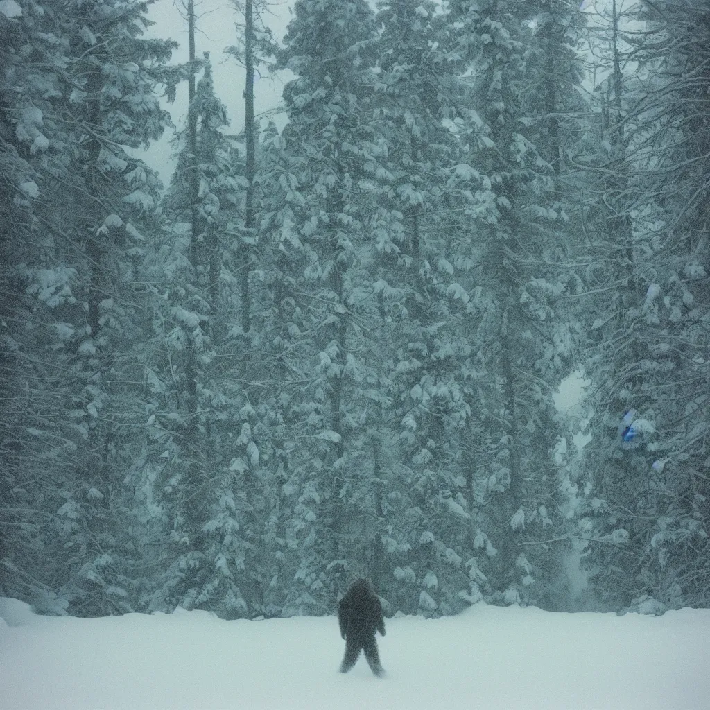 Image similar to photo, bigfoot is hiding in the background. cold color temperature, snow storm. hazy atmosphere. humidity haze. kodak ektachrome, greenish expired film, award winning, low contrast