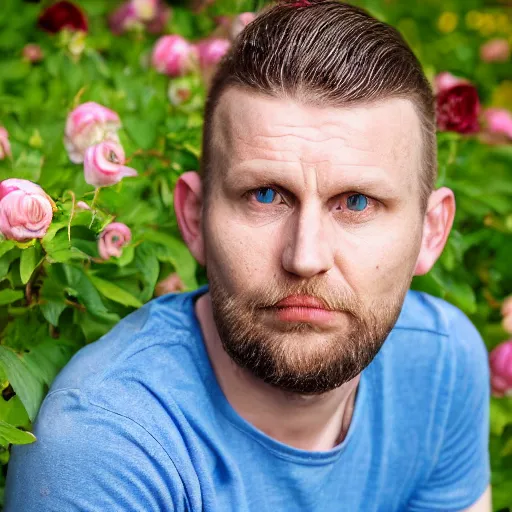 Image similar to photographic portrait of a polish man, 37 years old, short blonde hair in loose curls, small blue eyes, very pale white skin, medium blond stubble, wearing a maroon tight t-shirt and blue jeans, an earring on left ear, thin lips, smirking, posing in a garden, under bright sunlight