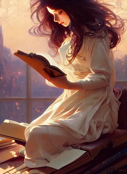 Image similar to a girl reading a book, her hair flowing down, intricate, highly detailed, dynamic lighting, digital art, digital painting, artstation, wlop, sharp focus, illustration, art by artgerm and greg rutkowski and alphonse mucha