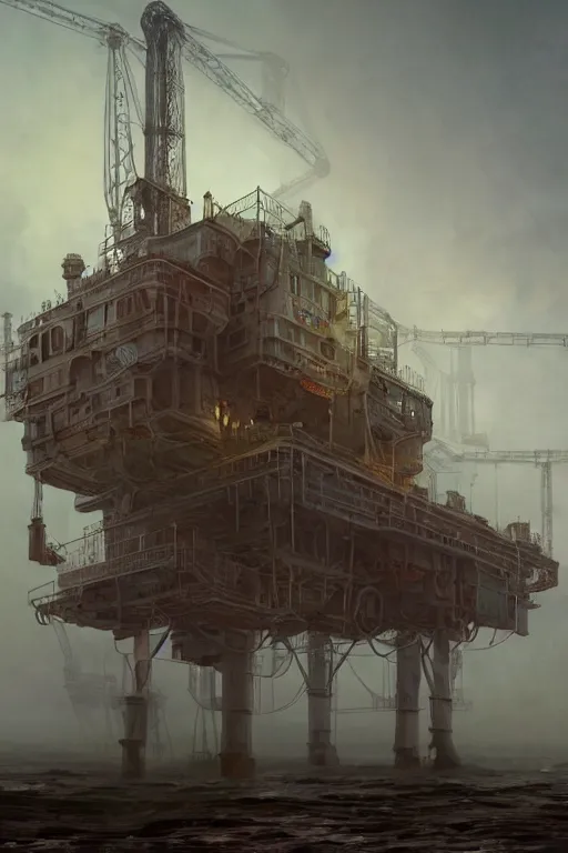 Image similar to a highly detailed matte painting of a soviet steampunk oil rig in fog at night by studio ghibli, makoto shinkai, by artgerm, by wlop, by greg rutkowski, volumetric lighting, octane render, 4 k resolution, trending on artstation, masterpiece