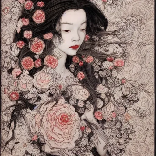 Prompt: james jean art long hair with flowers baroque
