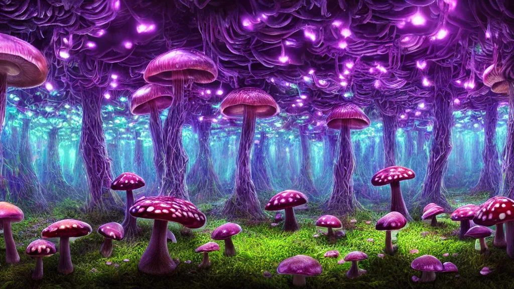 Image similar to exploring a mushroom forest, acid trip, hall of mirrors, ultra-detailed, a hyperrealistic image of a mycelium forest with neon glowing mushrooms, with magical creatures, by tian gan, trending on patreon, artstation, deviantart. Unreal engine