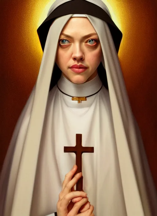 Prompt: portrait of amanda seyfried as a nun, catholic, church, bible, christian, intrigante, headshot, highly detailed, digital painting, artstation, concept art, sharp focus, cinematic lighting, illustration, art by artgerm and greg rutkowski, alphonse mucha, cgsociety