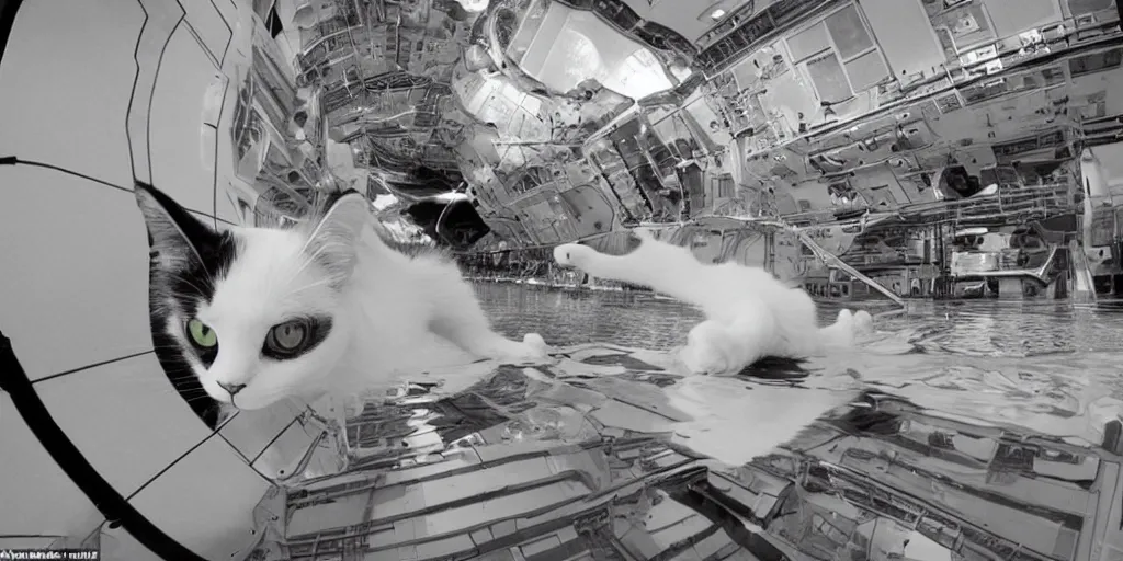 Image similar to an amazing award winning photo of a cat floating in the International Space Centre, hyperdetailed