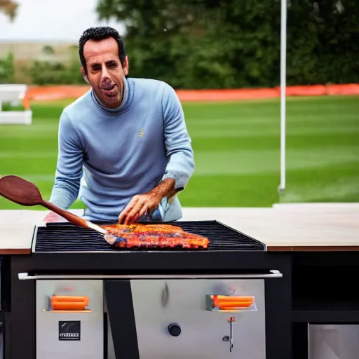 Image similar to edu gaspar cooking on a giant barbeque in 4 k photo