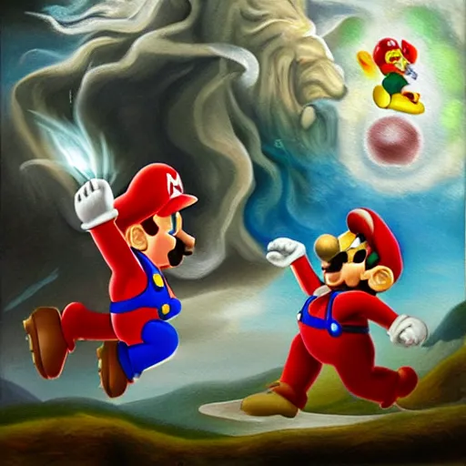 Image similar to mario fighting zeus, style of myth, oil painting