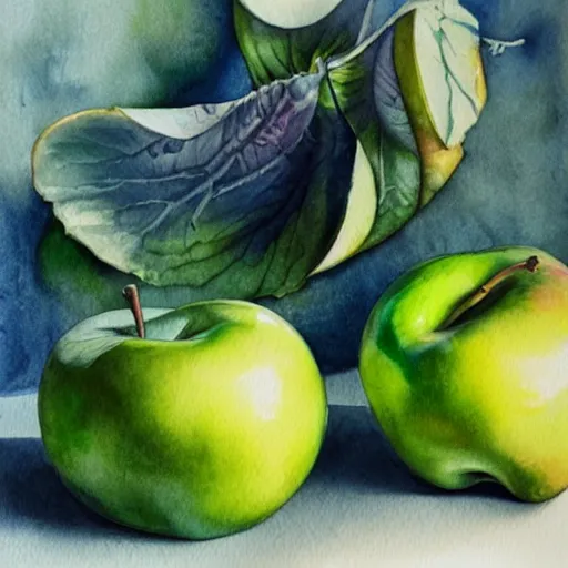 Image similar to watercolor still life with green apples by anna dittmann, by marco mazzoni, by stephanie law,