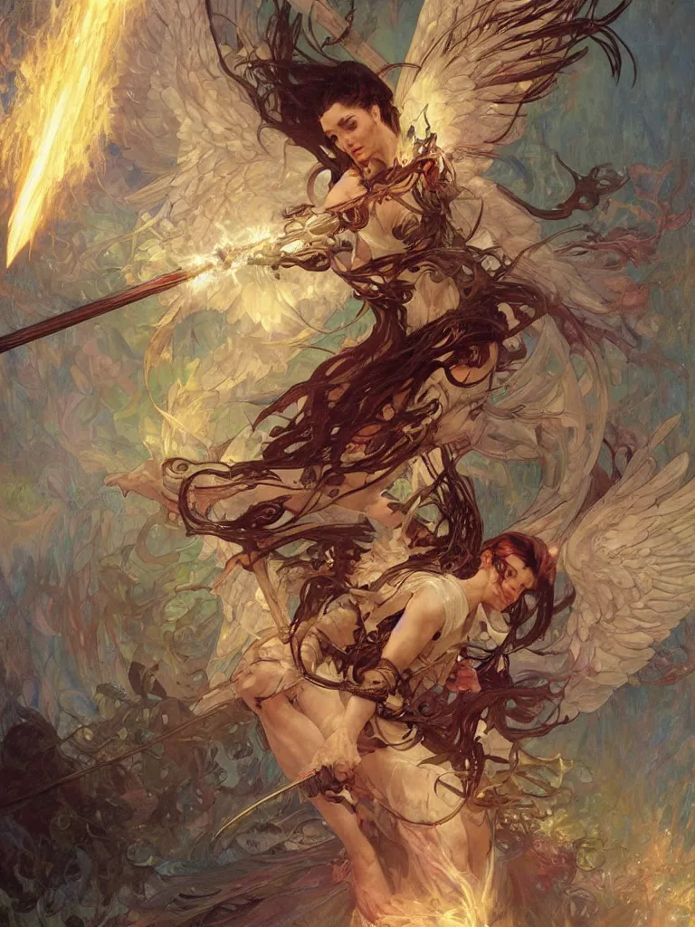 Image similar to an image of a terrifyingly beautiful angel of paradise wielding an electrified sword, by Stanley Artgerm Lau , greg rutkowski, thomas kindkade, alphonse mucha, loish, norman Rockwell