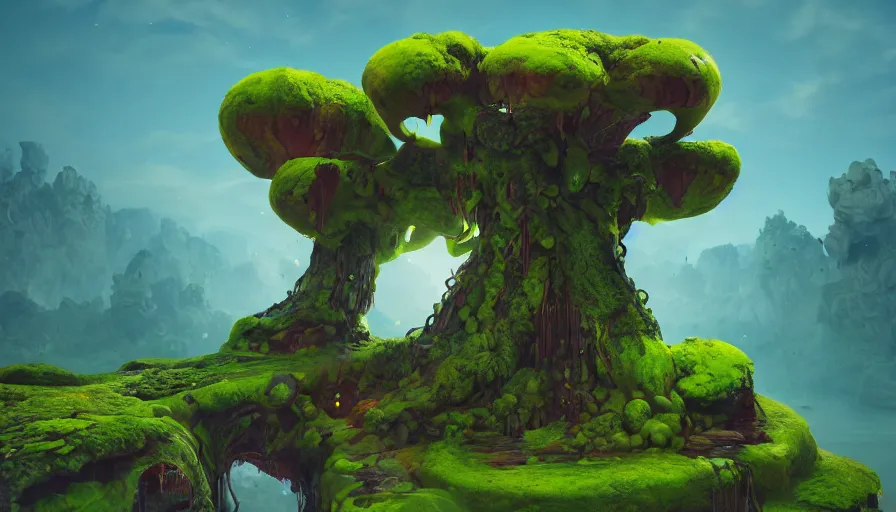 Prompt: A fancy huge slime tree on a magical biome full of oddities, goofy, sparky, full sun, positive vibes, behance, artstation, unreal render, unreal engine 5, octane, smooth, 8k