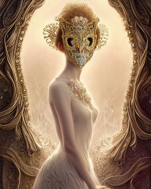 Image similar to beautiful ethereal maiden in a ivory masquerade mask intricate ornate fractal-lace and gemstones, wearing stunning ivory dress, ivory gold iridescent, full view, soft lighting, vivid, Hyperdetailed, 4k hd matte painting by Artgerm, Greg Rutkowski, Klimt, James Jean, 8k resolution, enchanting and otherworldly, Artstation, CGsociety, detailed, front view