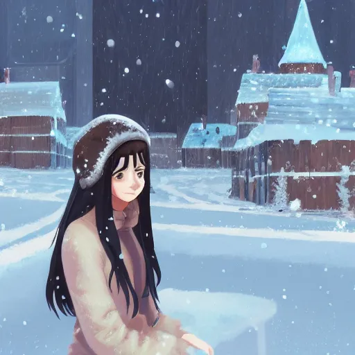 Prompt: teen girl with long black hair and bangs, detailed facial features, beautiful face, snowy winter village in the background, digital painting, artstation, highly detailed, by makoto shinkai and thomas kindle and James gilleard