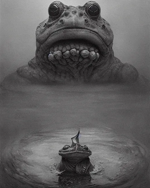 Prompt: giant terrifying frog god above a pond, scary, foreboding, mysterious minimalistic, by beksinski