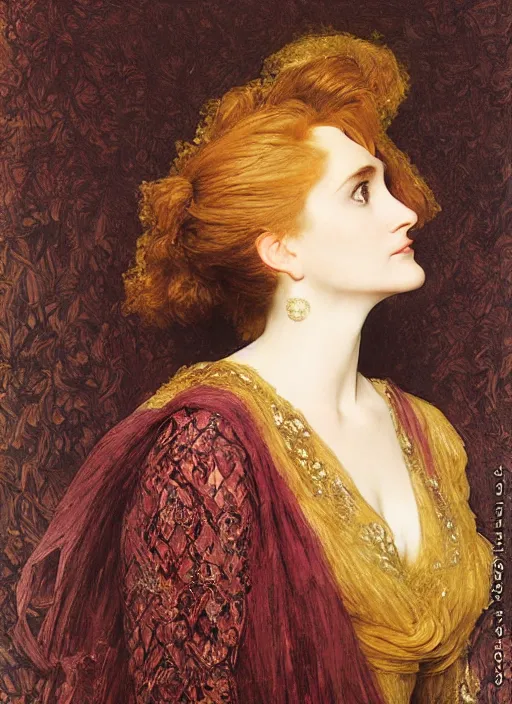 Image similar to a portrait of lisa gerrard, by edward robert hughes and frederic leighton