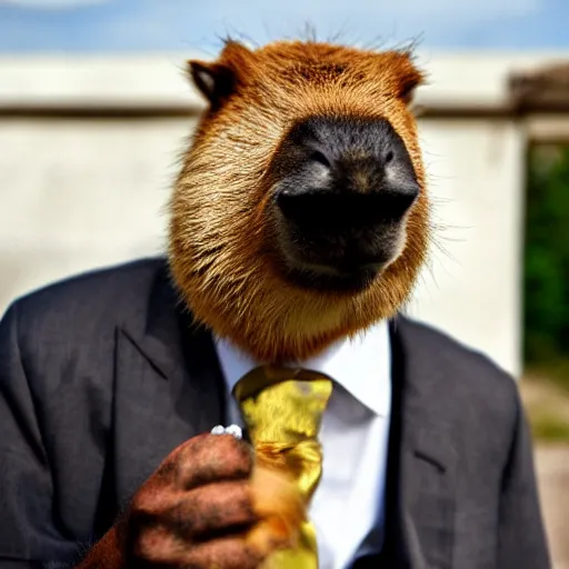 Image similar to an antropomorphic capybara wearing a suit smoking a cigar