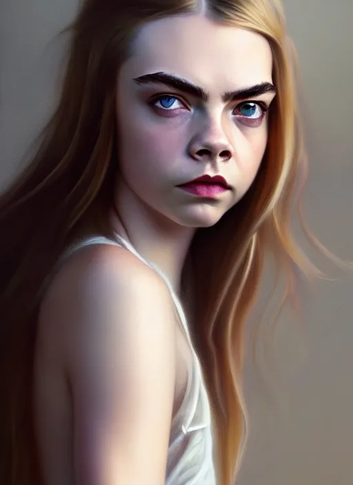 Image similar to half cara delevingne half Anya Taylor-Joy a pure gorgeous seductive angel, full body portrait, slight smile, diffuse natural sun lights, autumn lights, highly detailed, digital painting, artstation, concept art, sharp focus, illustration, art by wlop and greg rutkowski and alphonse mucha and artgerm