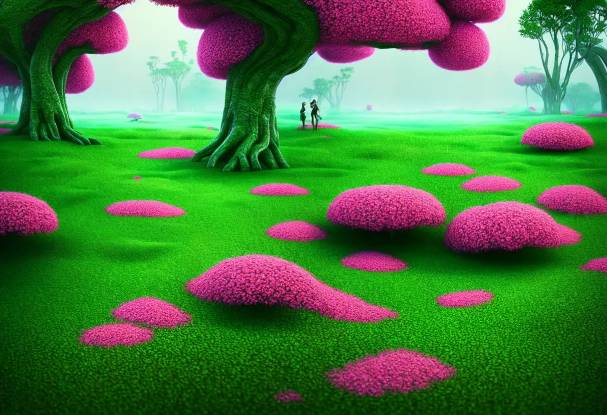 Prompt: inside of alien lush summer green landscape of human mind and imagination with millions of pink flowers, morning fog, matte painting, beautiful render, octane render, concept art