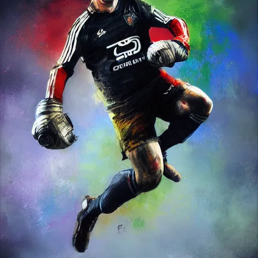 Prompt: A realistic hyperdetailed multi-colored digital oil full body portrait painting of a fat goal keeper jumping saving a shot, black jersey, short hair, in the style of Guy Denning, Ruan Jia, and Craig Mullins. Trending on ArtStation and DeviantArt. CGSociety Digital art.