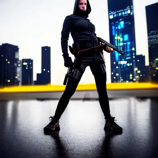 Image similar to photographic portrait of a techwear woman holding a shotgun, holding shotgun down, closeup, on the rooftop of a futuristic city at night, sigma 85mm f/1.4, 4k, depth of field, high resolution, full color, award winning photography, inspired by Kill Bill, inspired by John Wick, inspired by Die Hard, movies with guns, movie firearms