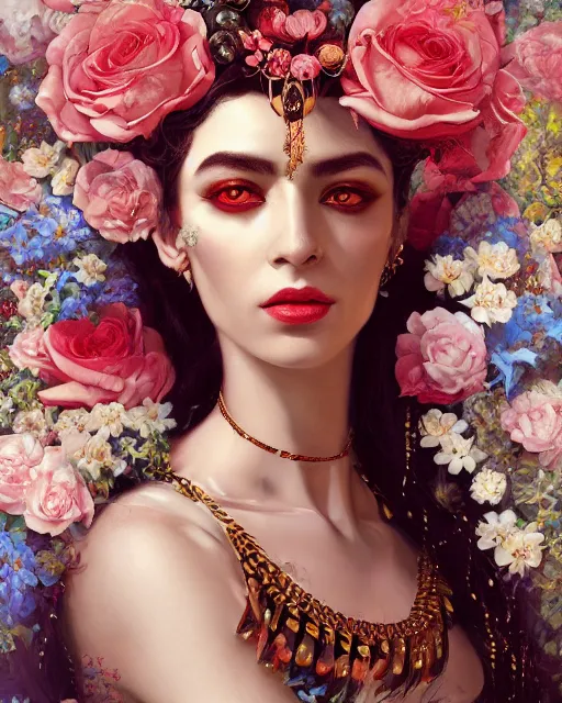 Prompt: portrait of the egyptian queen of the underworld, surrounded by flowers by karol bak, james jean, tom bagshaw, rococo, sharp focus, trending on artstation, cinematic lighting, hyper realism, octane render, 8 k, hyper detailed.