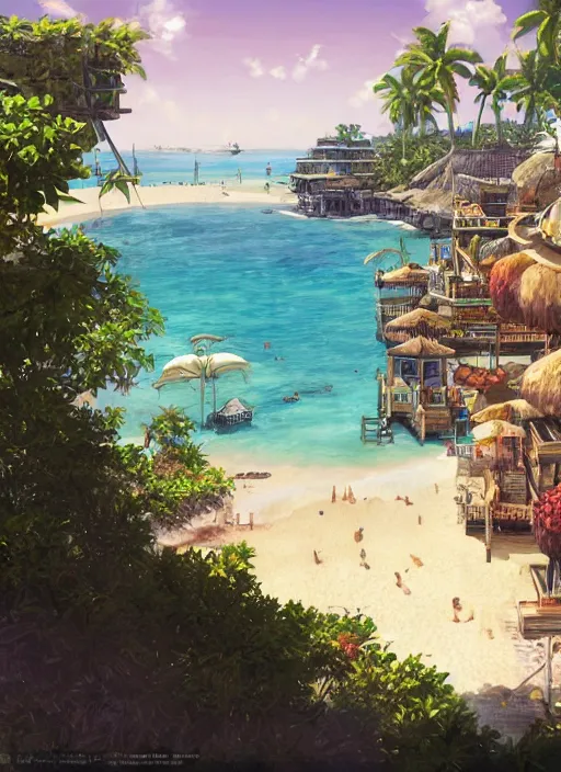 Image similar to Fantasy tropical port town first-person view of the beach. hidari, color page, tankoban, 4K, tone mapping, Akihiko Yoshida.