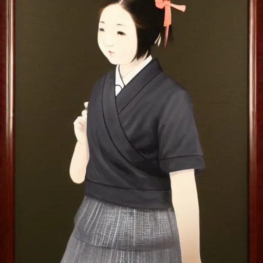 Prompt: a painting of Japanese schoolgirl, clothed, stylish