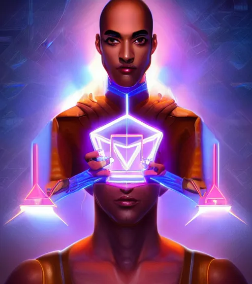 Image similar to symmetry!! egyptian prince of technology, solid cube of light, hard edges, product render retro - futuristic poster scifi, lasers and neon circuits, brown skin man egyptian prince, intricate, elegant, highly detailed, digital painting, artstation, concept art, smooth, sharp focus, illustration, dreamlike, art by artgerm