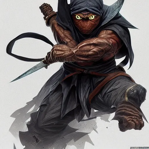 Prompt: dark and powerful unchanined ninja with a turtle face, D&D, fantasy, portrait, highly detailed, digital painting, trending on artstation, sharp focus, art by artgerm and greg rutkowski and magali villeneuve