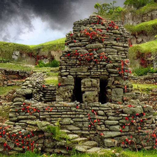 Image similar to the ruins of a village made out of stone on top of a cloud, overgrown with red vines, with a broken stone statue of a man in the middle of the ruins