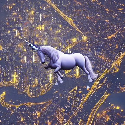 Prompt: unicorn flying above a city, whool universe
