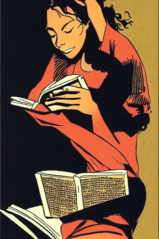 Prompt: a portrait of a girl reading a book, highly detailed, by frank miller, masterpiece, sharp focus, cinematic lightning