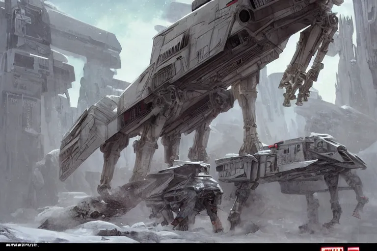 Image similar to comic book illustration, star wars AT-AT on hoth, cyberpunk concept art by artgerm and Alphonse Mucha and Moebius, highly detailed, intricate, sci-fi, sharp focus, Trending on Artstation HQ, deviantart