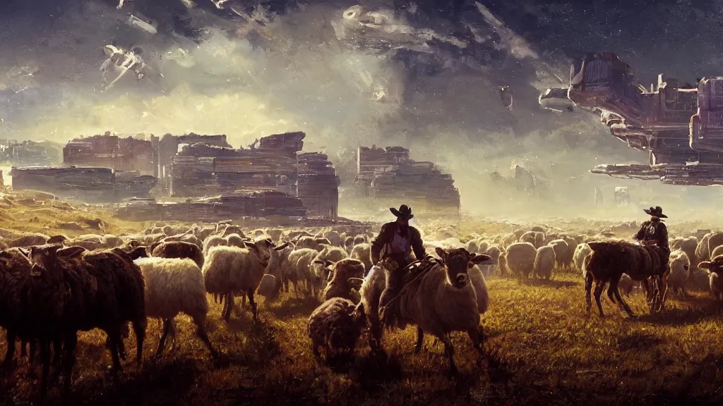 Prompt: Cyberpunk cowboys herding sheep in a No Man\'s Sky landscape in the style of Frederic Remington