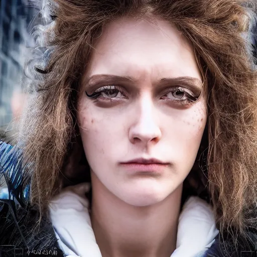 Prompt: hyperdetailed photo of a serious woman with light eyes in a cybercity, wearing transparent puffy suit, inside berghain, classic, photo 3 5 mm leica, hyperdetail, 8 k, very detailed, fine face