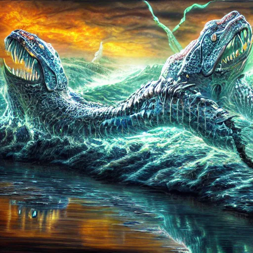 Prompt: intricate five river monster, oil on canvas, hdr, high detail, photo realistic, hyperrealism, surrealism, cinematic, matte finish, high contrast, 3 d depth, centered, masterpiece, vivid and vibrant colors, enhanced light effect, enhanced eye detail, artstationhd