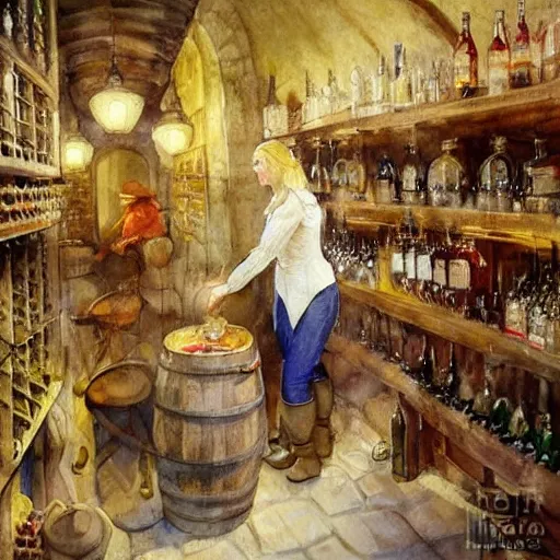 Image similar to hot blonde working in a wine cellar, food, pork, beer, schnapps, rustic, traditional, torches on the wall, watercolor by vladimir volegov and carl larsson