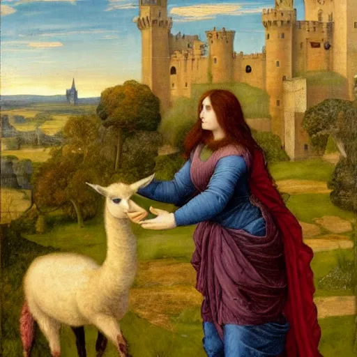 Prompt: beautiful pre - raphaelite painting of a man in medieval clothing embracing a llama at dawn with a castle in the distance.