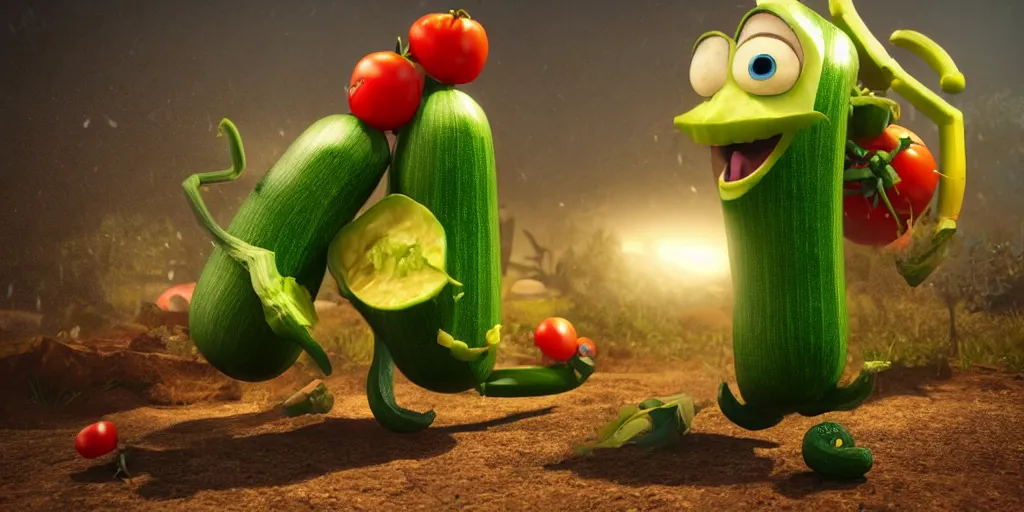 Image similar to detailed 3 d render of a zucchini character hunting after a tomato character, high speed chase, dramatic scene, hyper realistic octane render, cinematic lighting, deviantart, pop - surrealism, lowbrow, frame from pixar movie